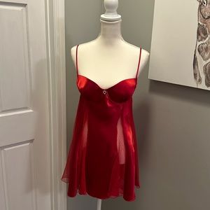 Red Satin Sexy Teddy Chemise Lingerie with Rhinestone Valentines Heart
